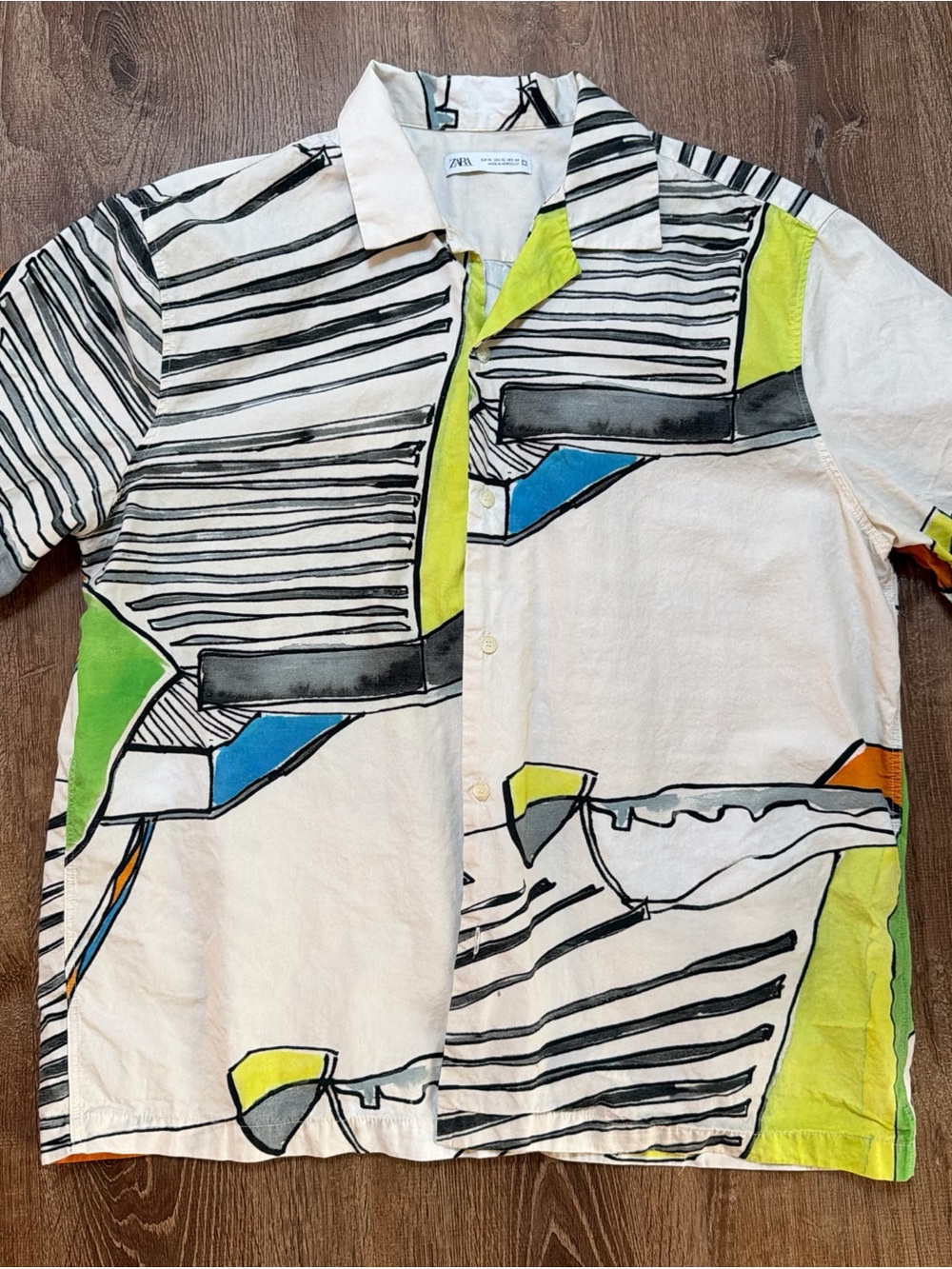 Zara Men’s Short-Sleeve Abstract Button-Down Shirt in White, Lime, Blue & Black